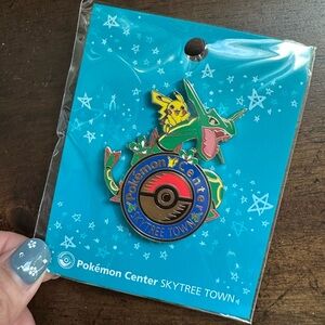 Pokemon Center Skytree Japan Metal Logo Pin Rayquaza Pikachu